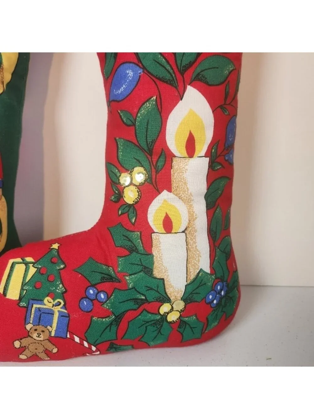 Vintage Stuffed Stocking Pillow Lot of 2 Candle Nutcracker 80s Kitsch Christmas